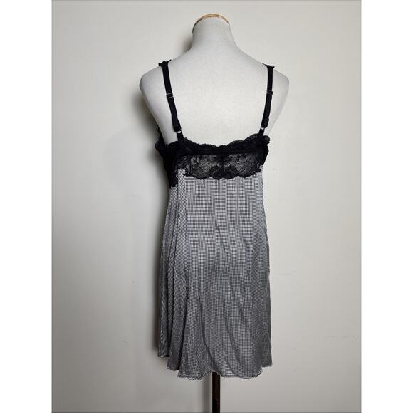 Womens Silk Babydoll Mini Slip Dress XL Black Lace Houndstooth Print Fairy Goth - Picture 2 of 8